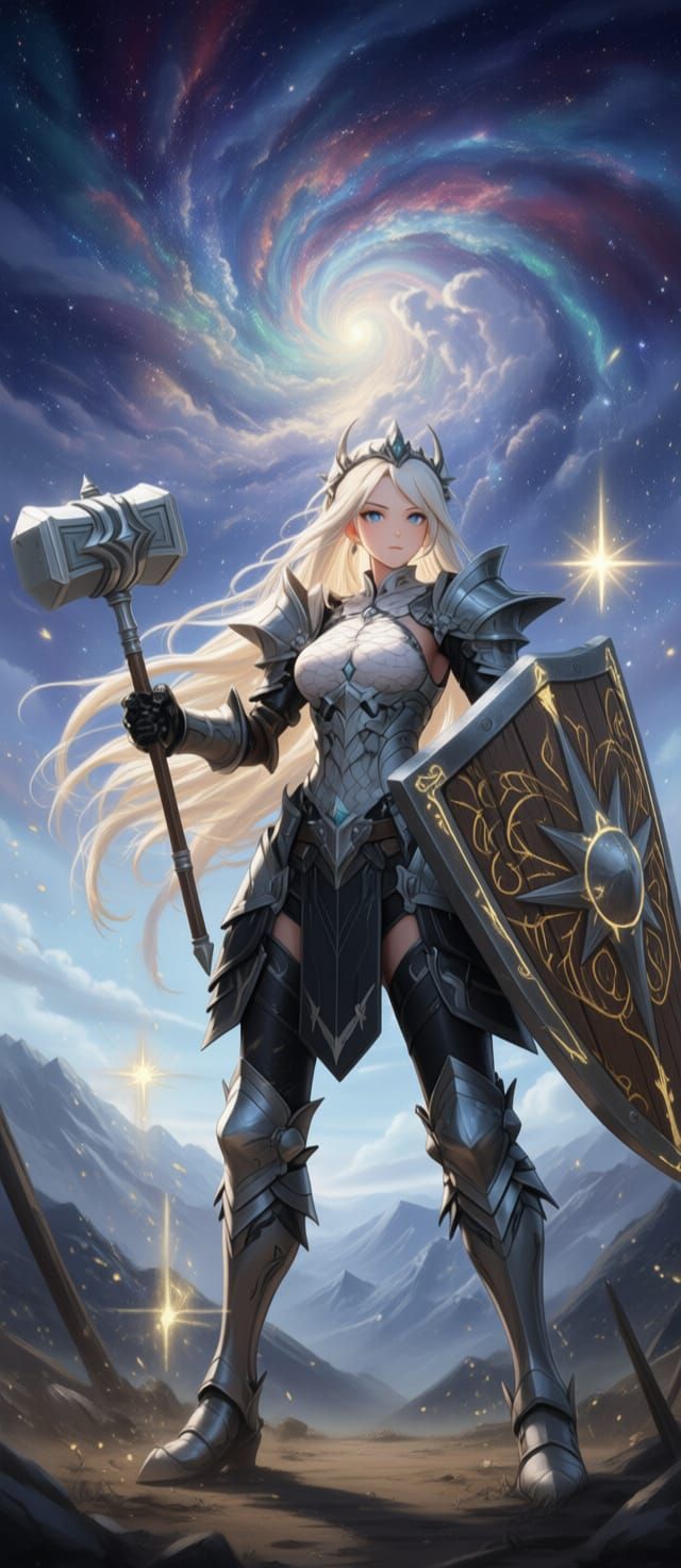 Warrior Woman in Silver Armor with Hammer and Shield