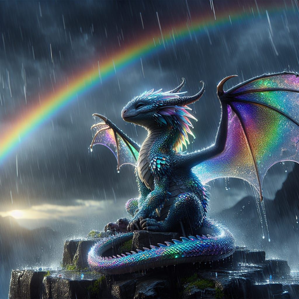 Iridescent Baby Dragon in Rainy Landscape