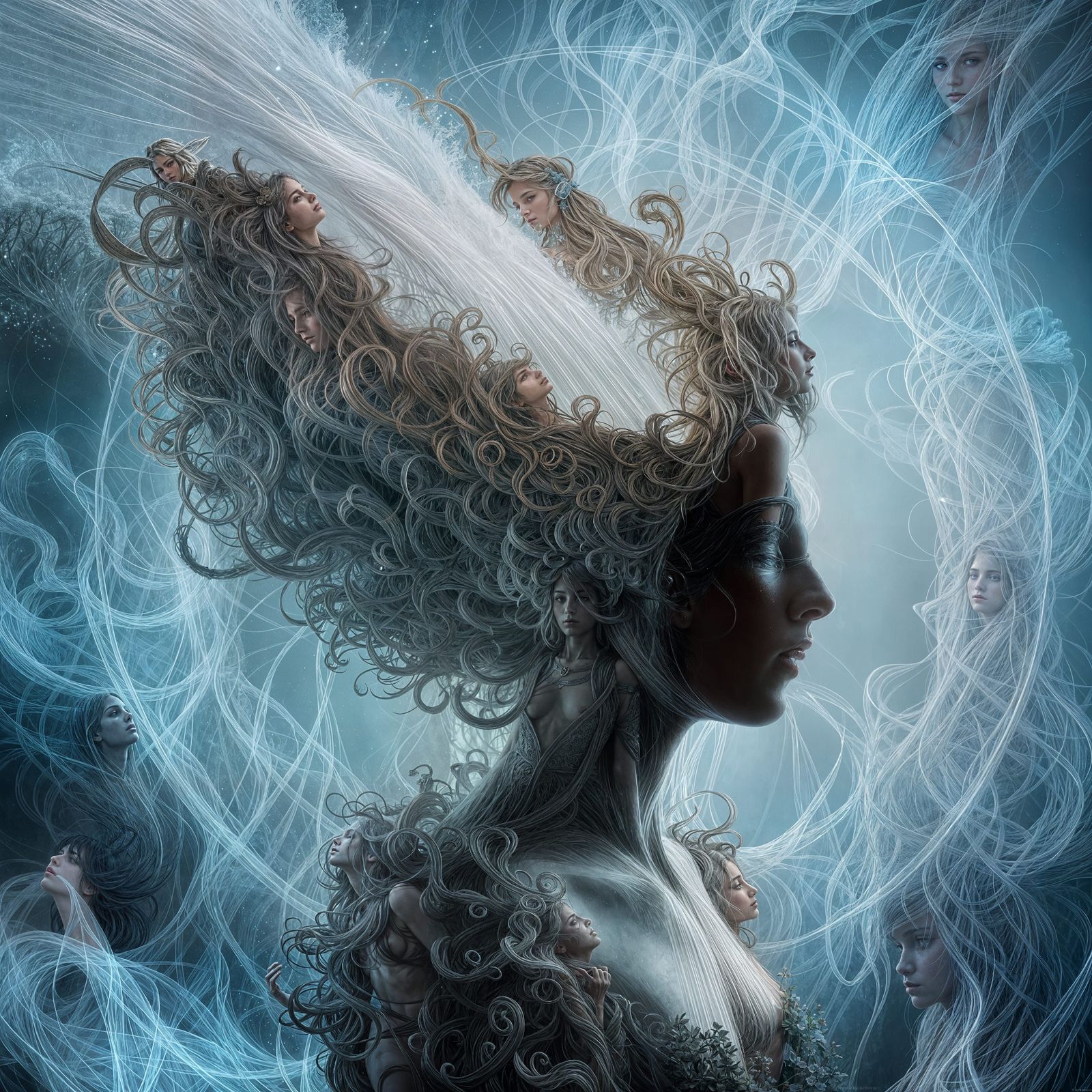 Dark Goddess in Celestial Fog, Inspired by Art Nouveau