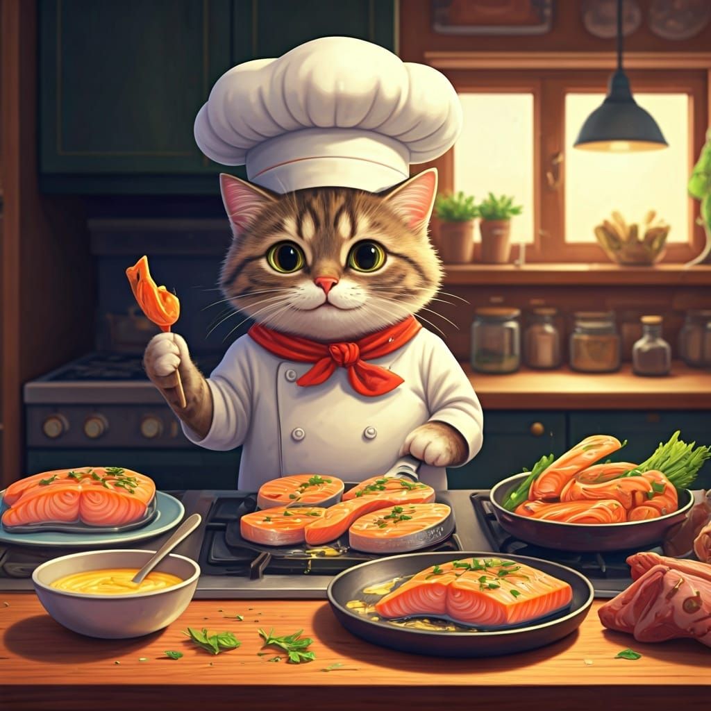 Adorable Cat Chef Cooking Salmon Steaks