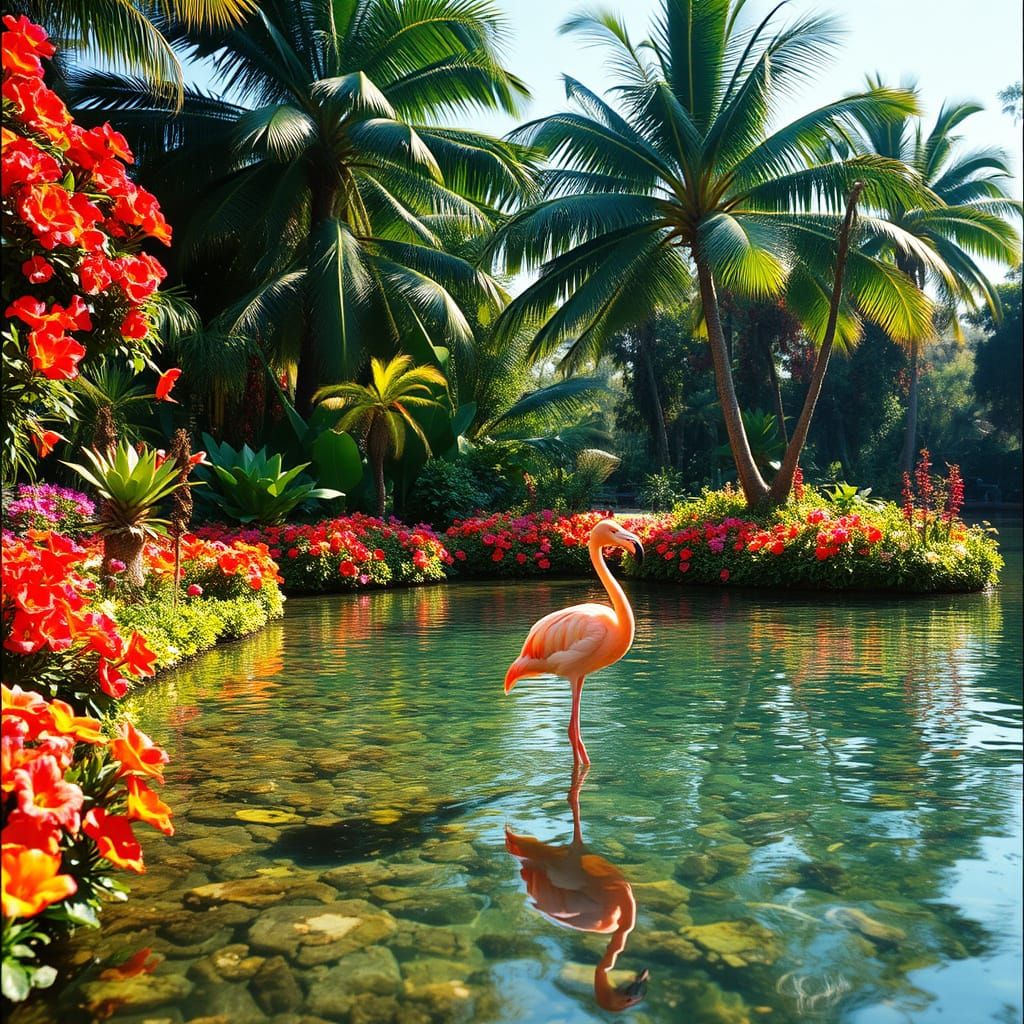 Vibrant Oasis with Elegant Pink Flamingo