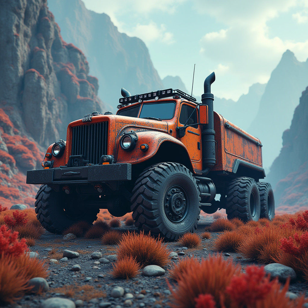 Futuristic Truck in Mystical Landscape, Digital Matte Painti...
