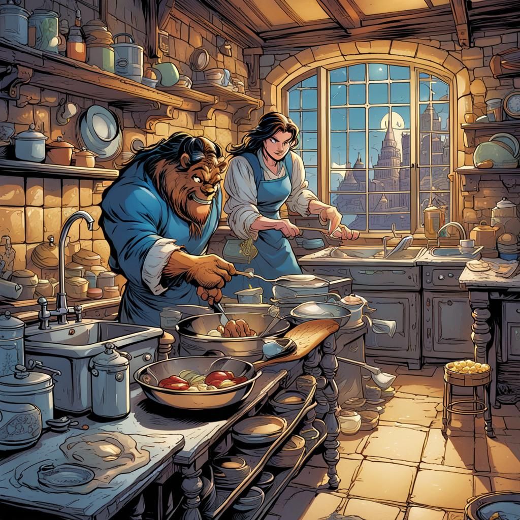 Beauty and Beast in Castle Kitchen, Comic Art