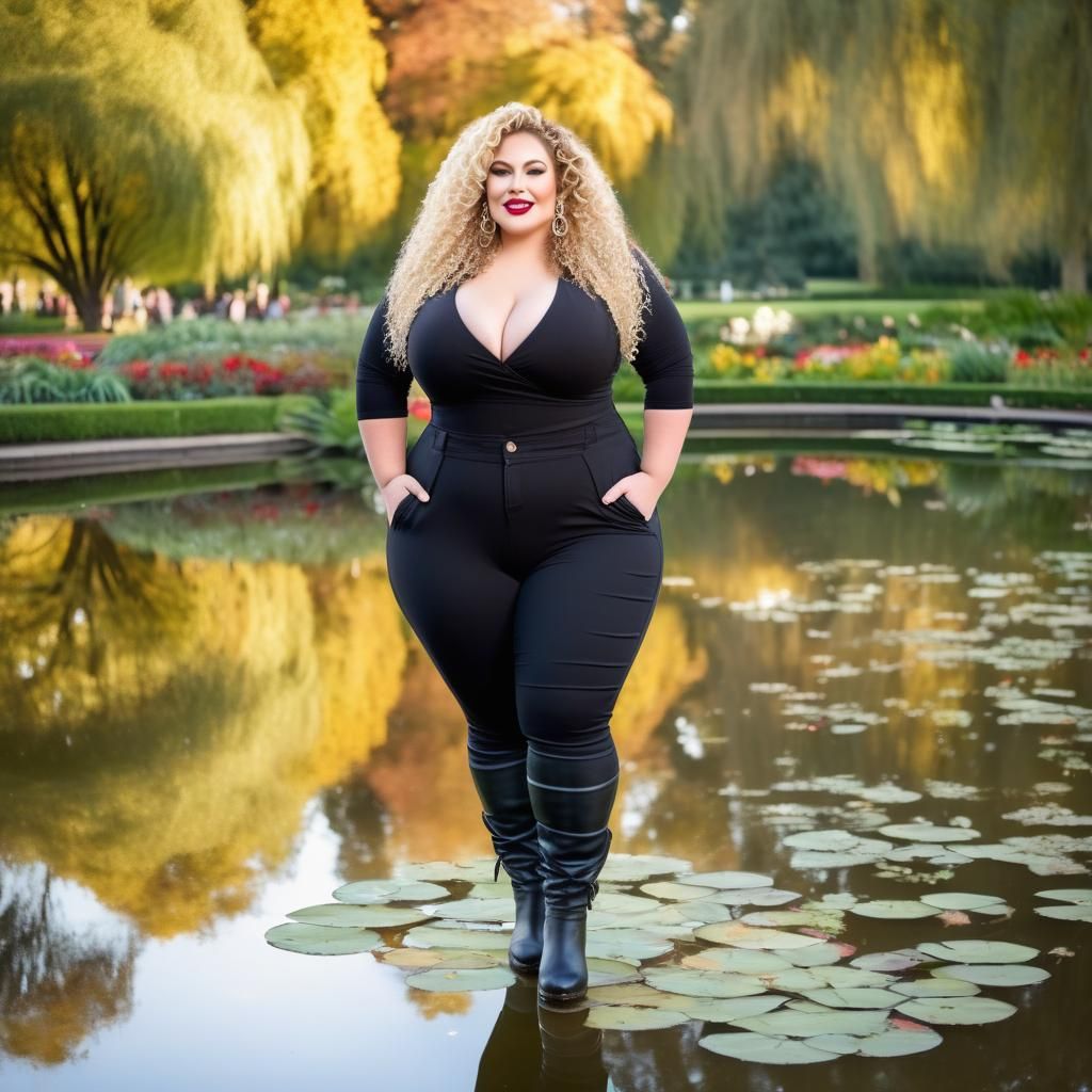 Curvy Woman Admiring Reflection in Park Pond