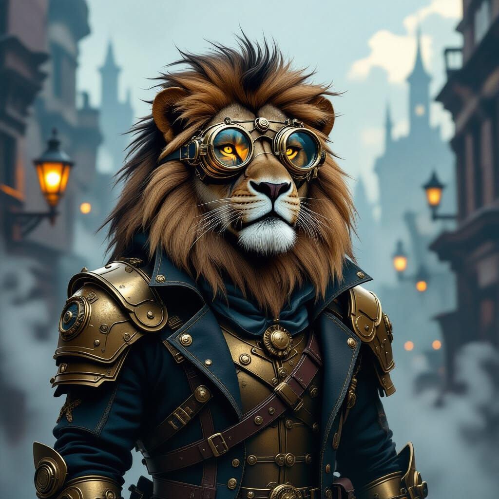Steampunk Lion in Victorian Cityscape