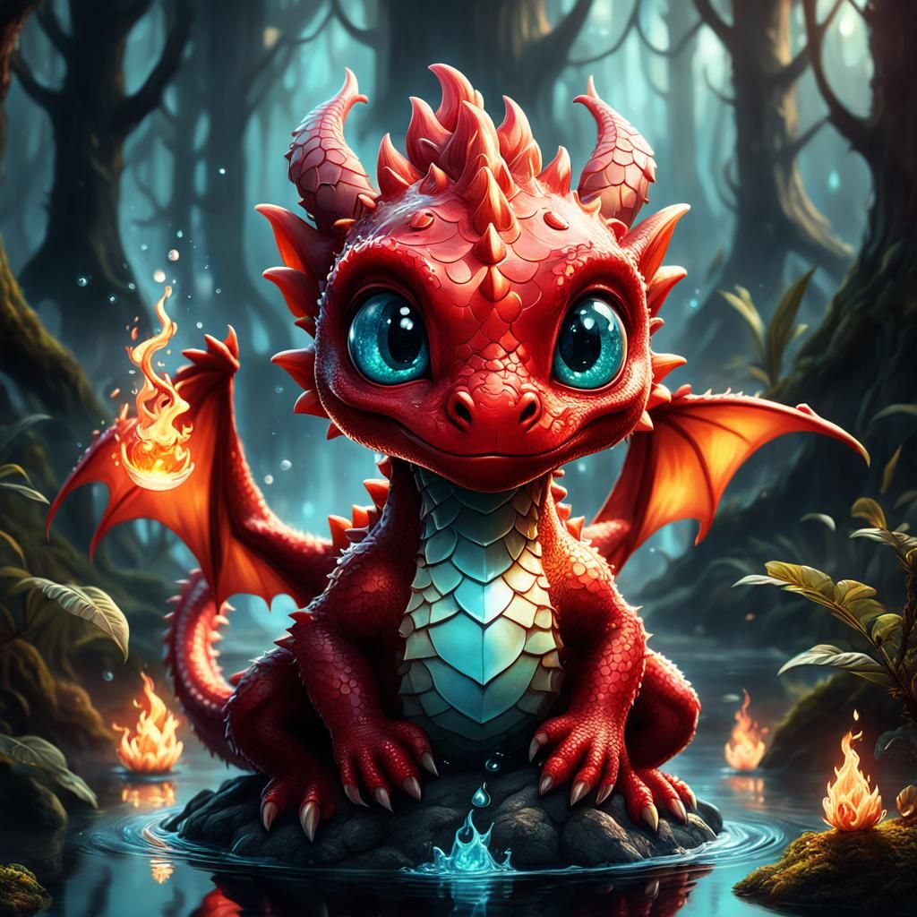 Cute Red Dragon in Water Droplet
