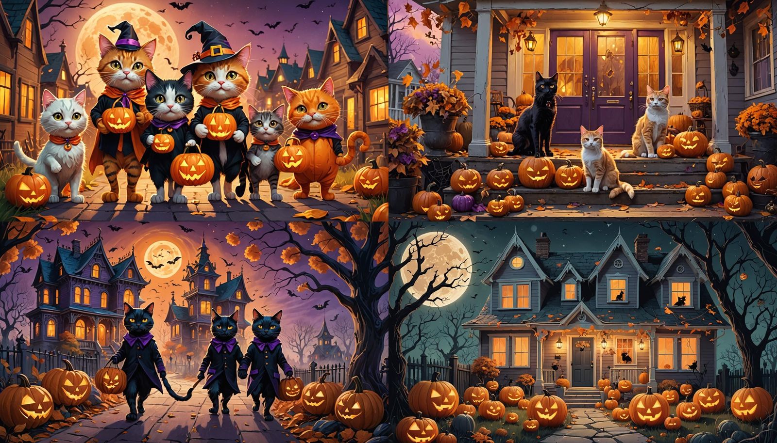 Cats Trick-or-Treating on Halloween Night