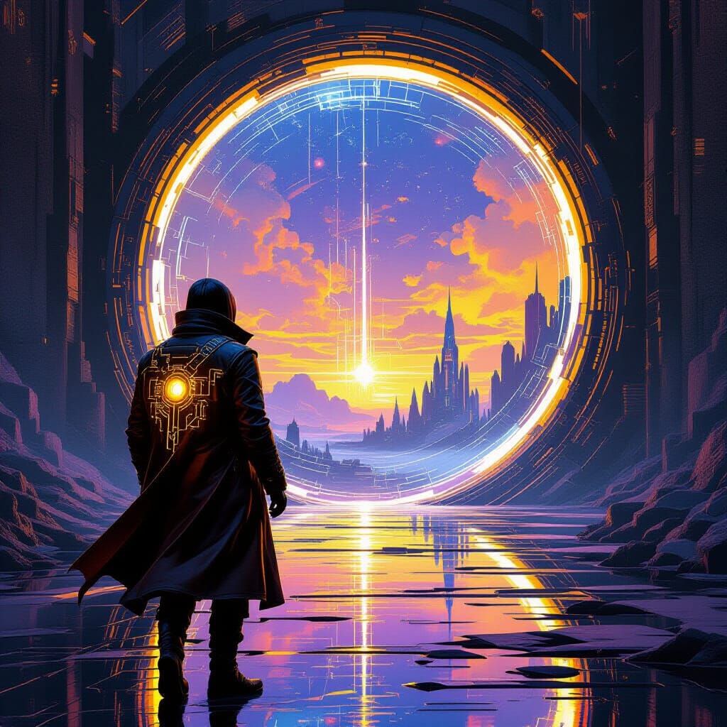 Time Traveler at Shimmering Portal: Digital Painting