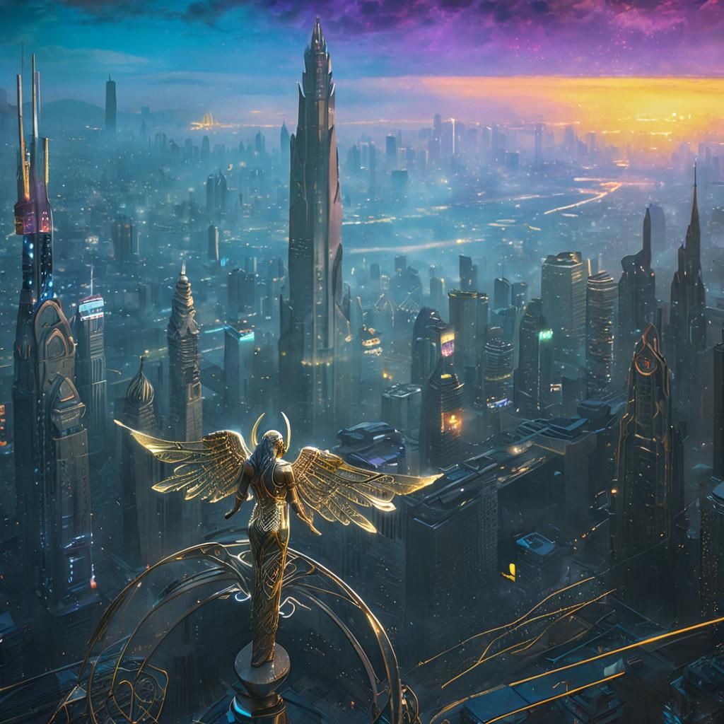 Angel Overlooking Futuristic Metropolis in Syd Mead Style
