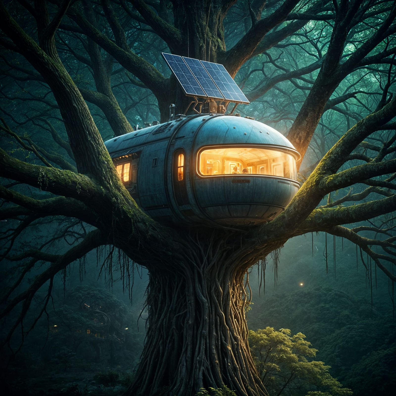 Retro Futuristic Pod Home Amidst a Glowing Tree