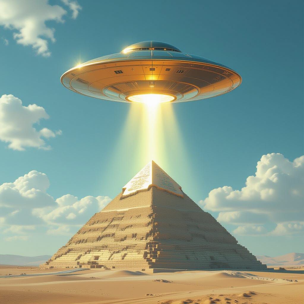 UFO Beaming Gold Pyramid: Hyperrealistic Sci-Fi Art