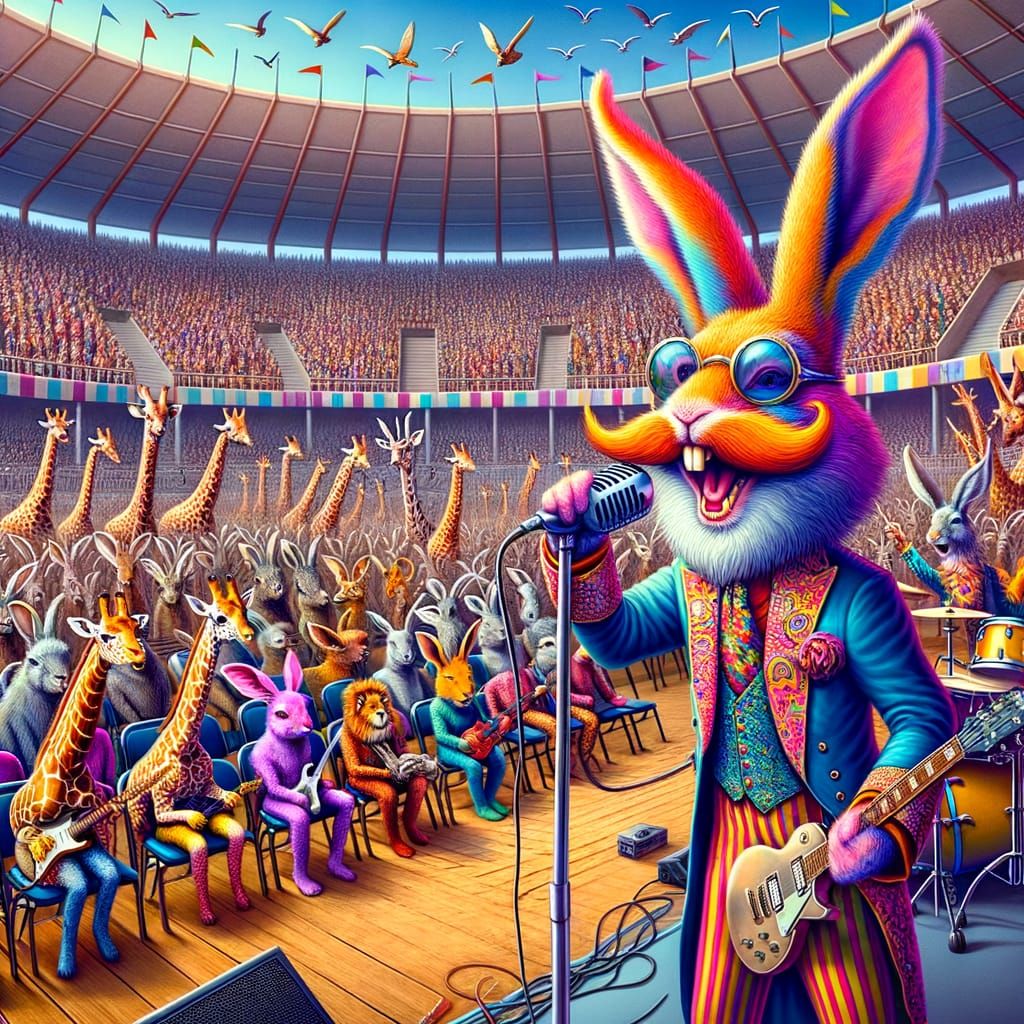 Rockstar Rabbit Performs for Giraffe Crowd in Stadium