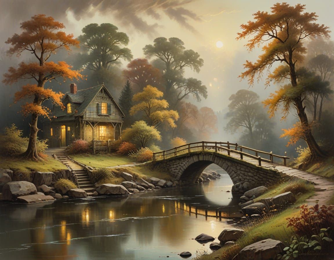 Whimsical Bridge Over River in Autumn Forest