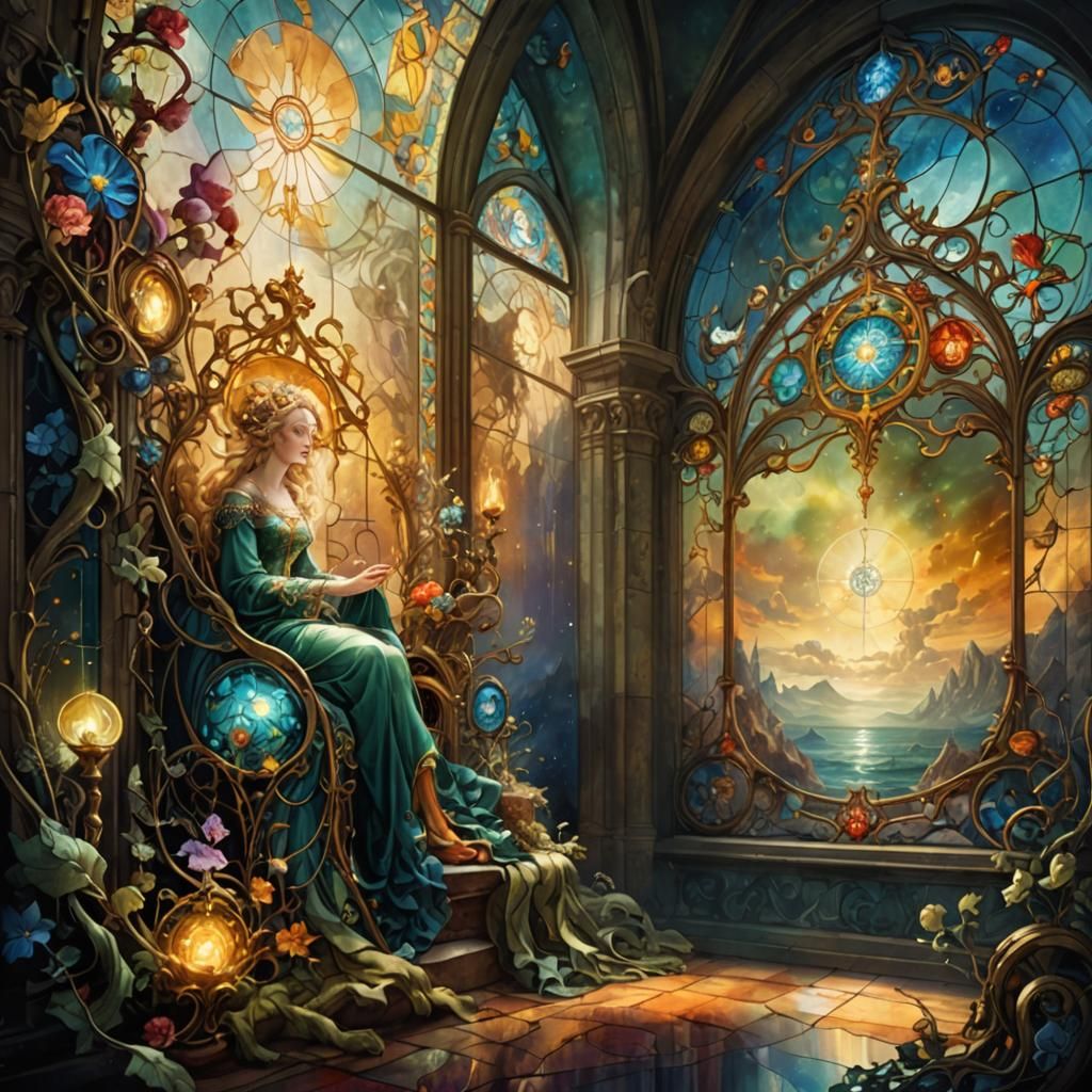 Fantasy Stained Glass Window in Art Nouveau Style