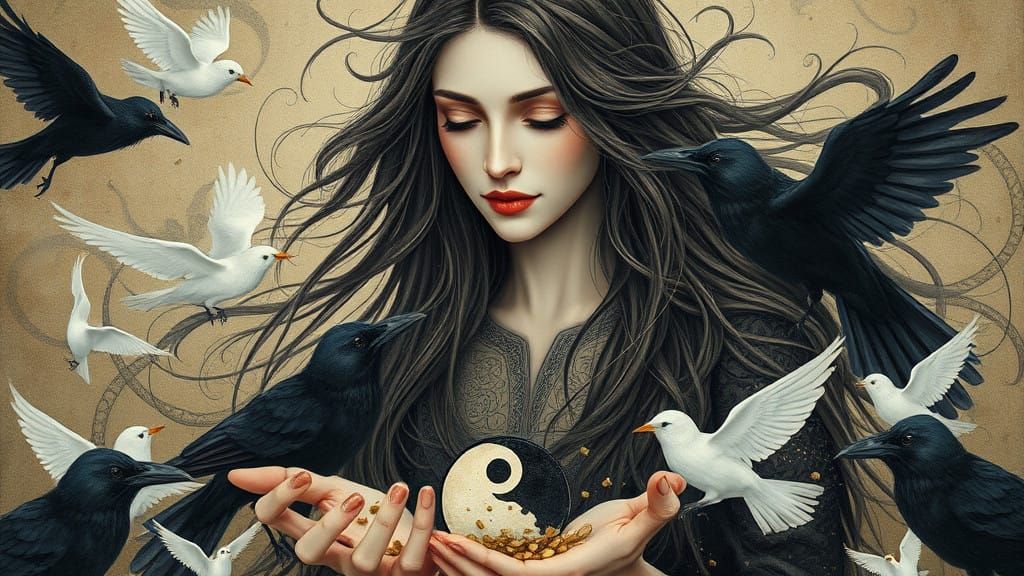 Woman Embodies Yin and Yang, Surrounded by Crows and White B...