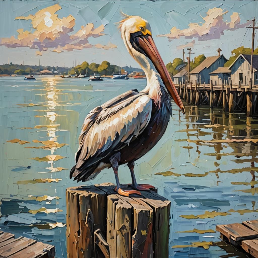 Pelican on Dock: Impressionist Impasto Oil Painting