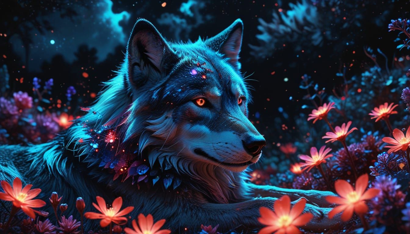 Wolf Resting on Bioluminescent Flowers in Cosmic Illustratio...