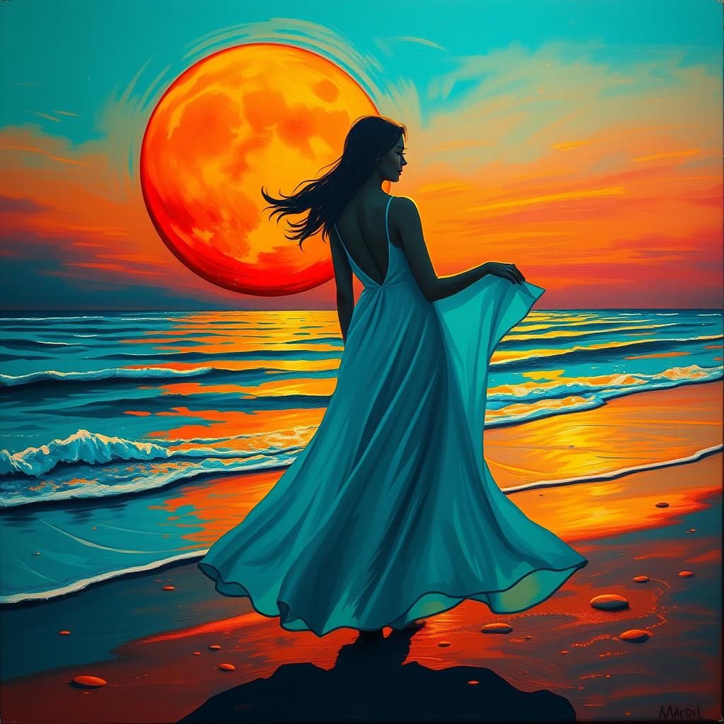 Woman in Turquoise Dress on Beach at Sunset