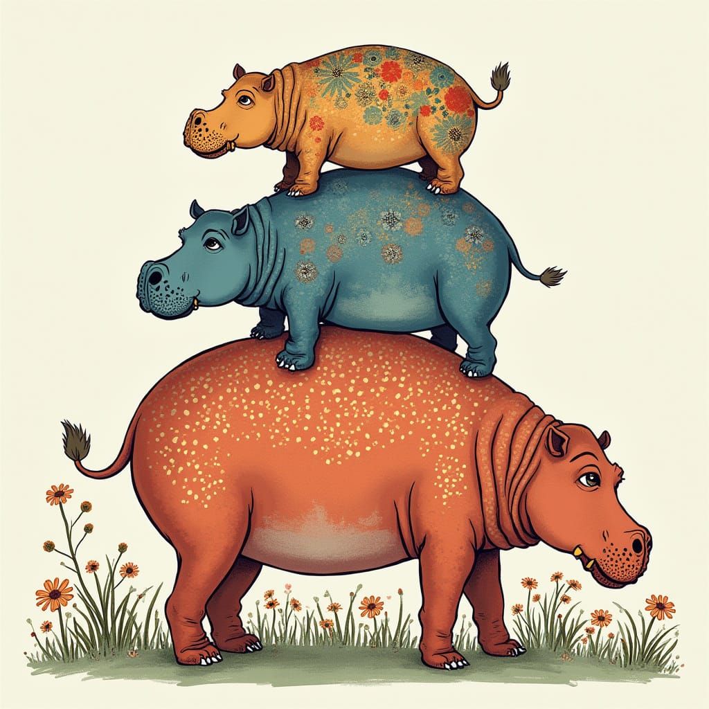 Whimsical Stack of Hippos in Lowbrow Art Style