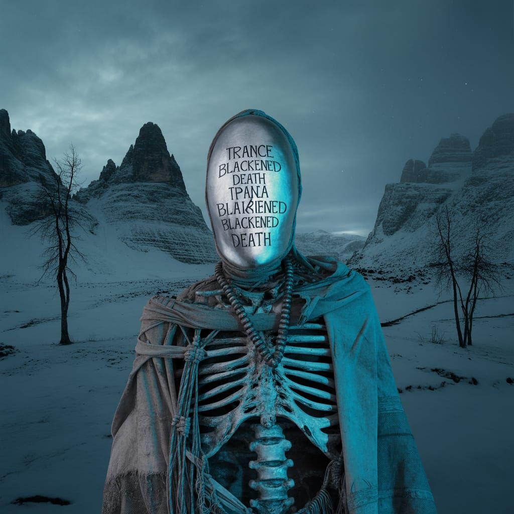 Ethereal Blue: Skeletal Figure in Snowy Twilight