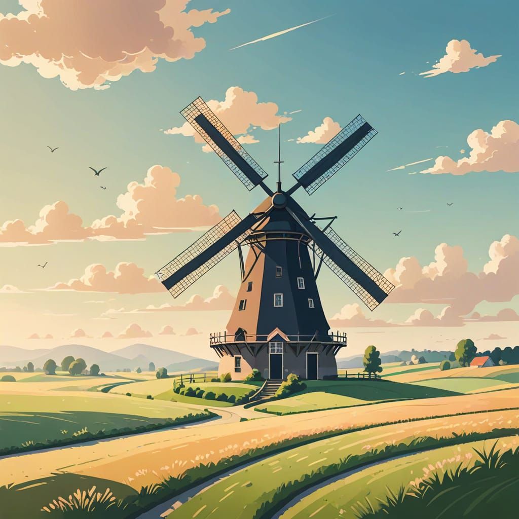 Serenely Standing Dutch Windmill in Gentle Landscape