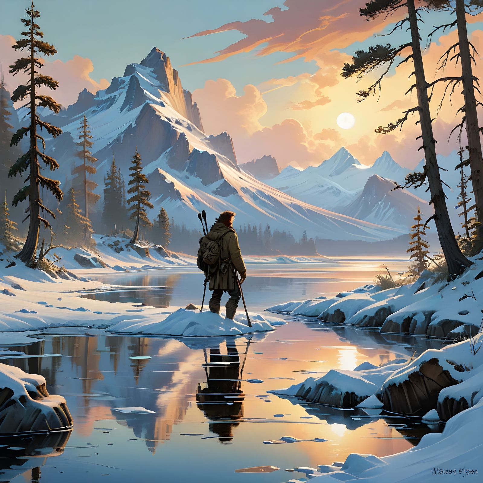 Melting Ice Estuary in Bob Ross and Art Nouveau Style