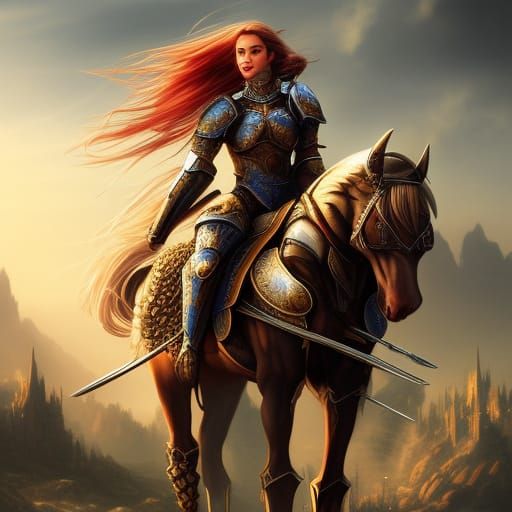 Radiant Knightess on Stallion in Fantasy Landscape