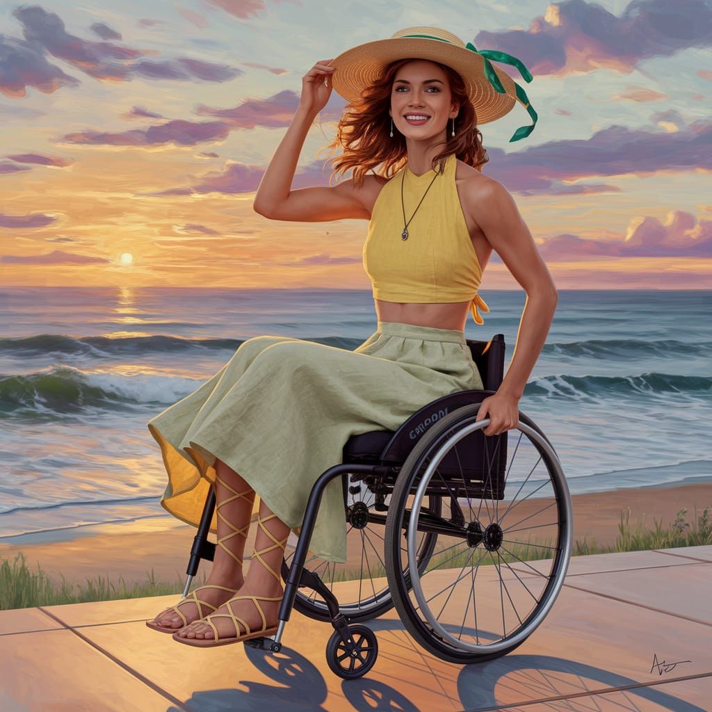 Woman in Wheelchair on Shoreline at Sunset