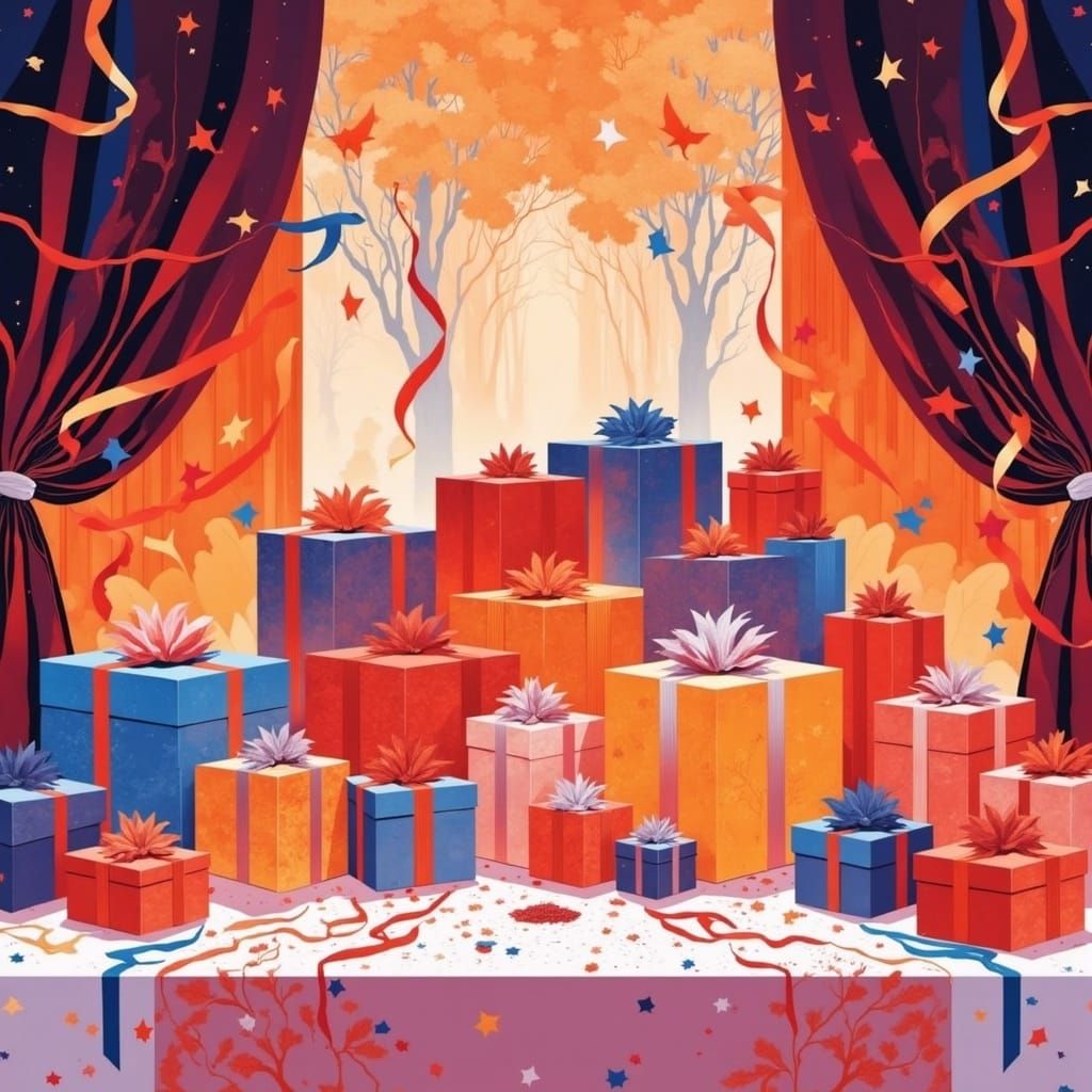 Festive Table with Gifts and Confetti