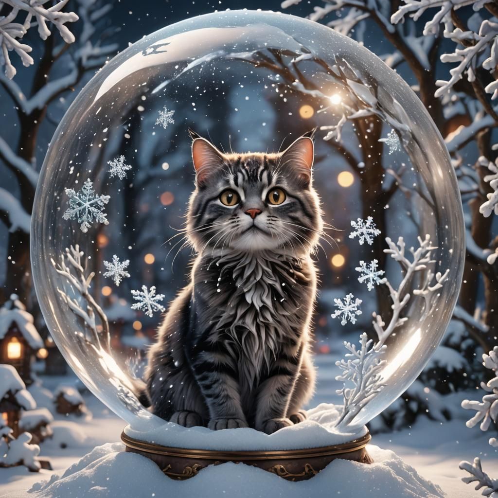Cat in Snow Globe: Fantastical Digital Art