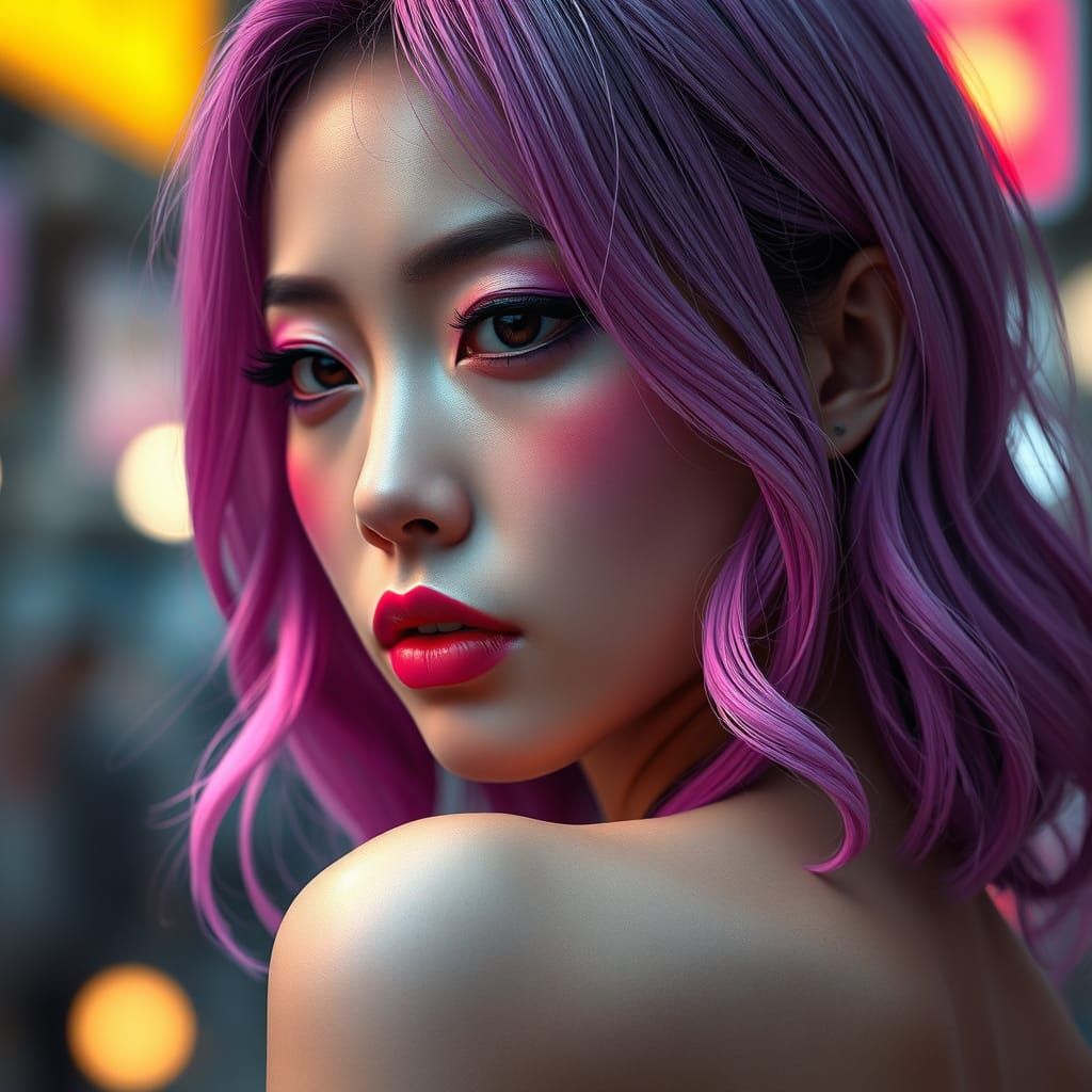 Vibrant Japanese Woman in Cyberpunk Makeup and Hair