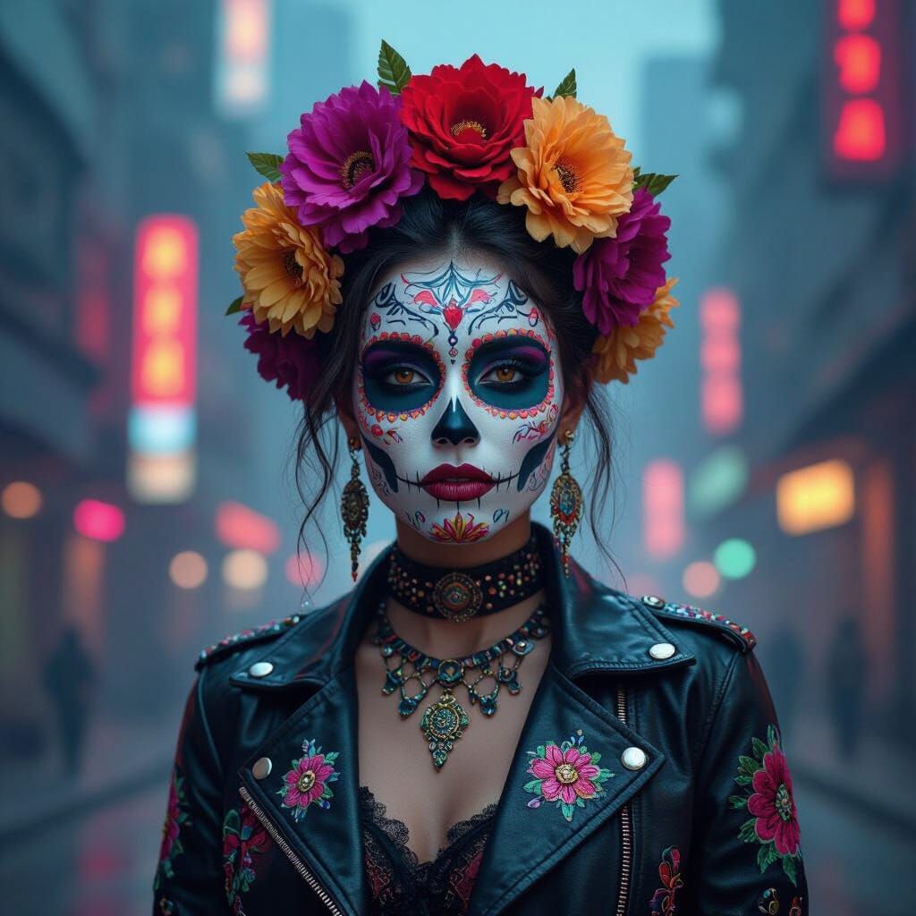 Day of the Dead Cyberpunk Portrait in Neon Cityscape