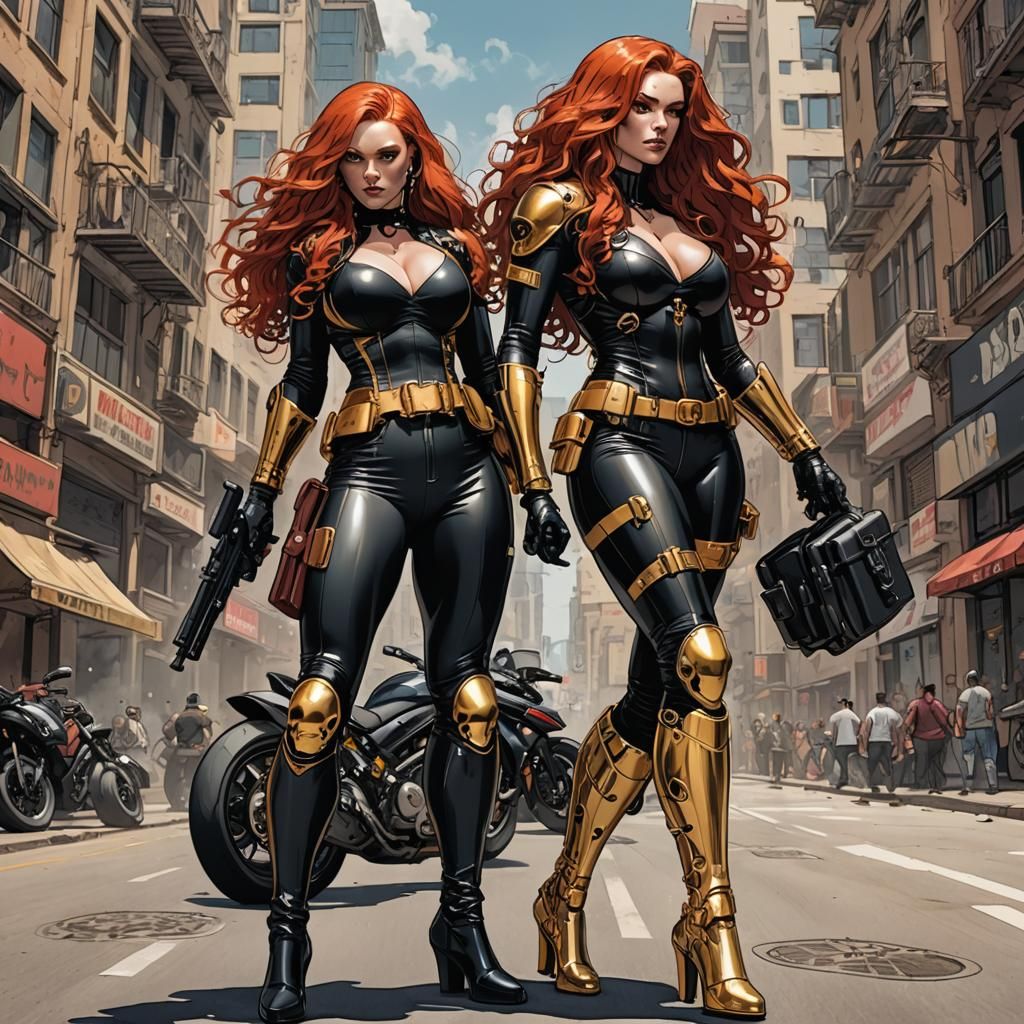 Red-Haired Villainess on Superbike in Cyberpunk City