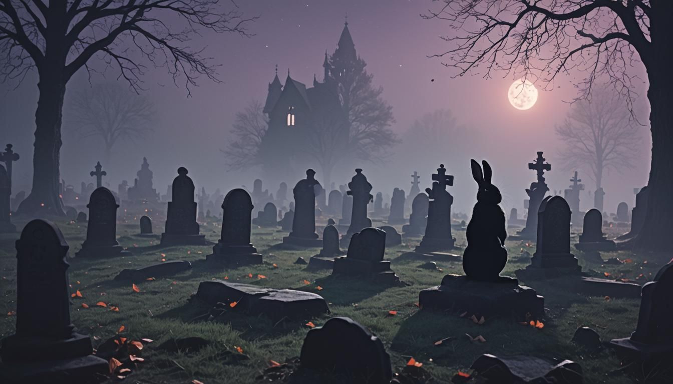 Black Bunny in Fog-Covered Graveyard in Cinematic Style