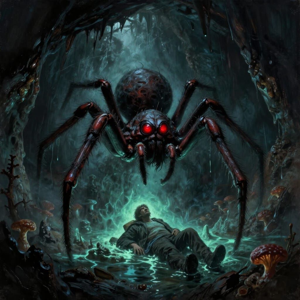 Gothic Horror Spider Attacks Traveler in Eerie Cave