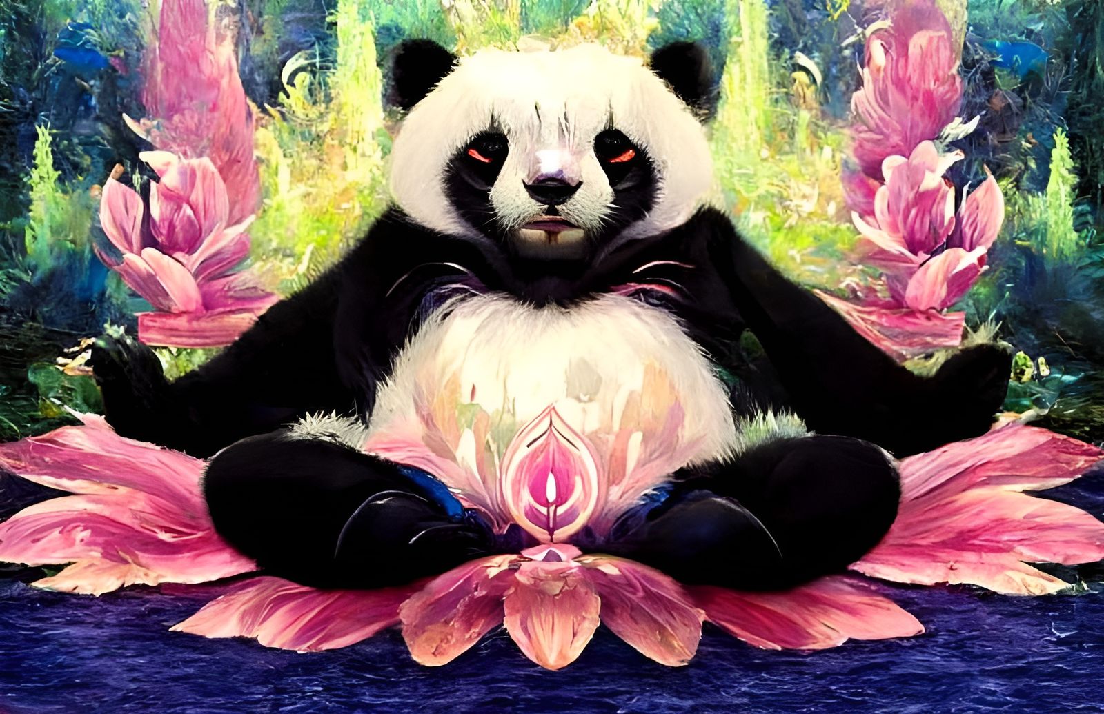 Meditating Panda on Lotus Flower Oil Painting