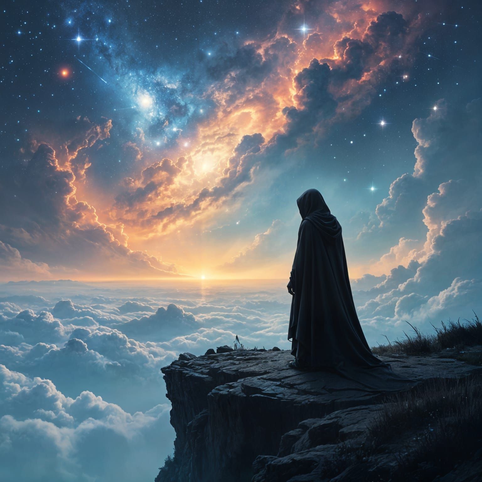 Hooded Figure Gazing at Starry Sky: Cosmic Horror