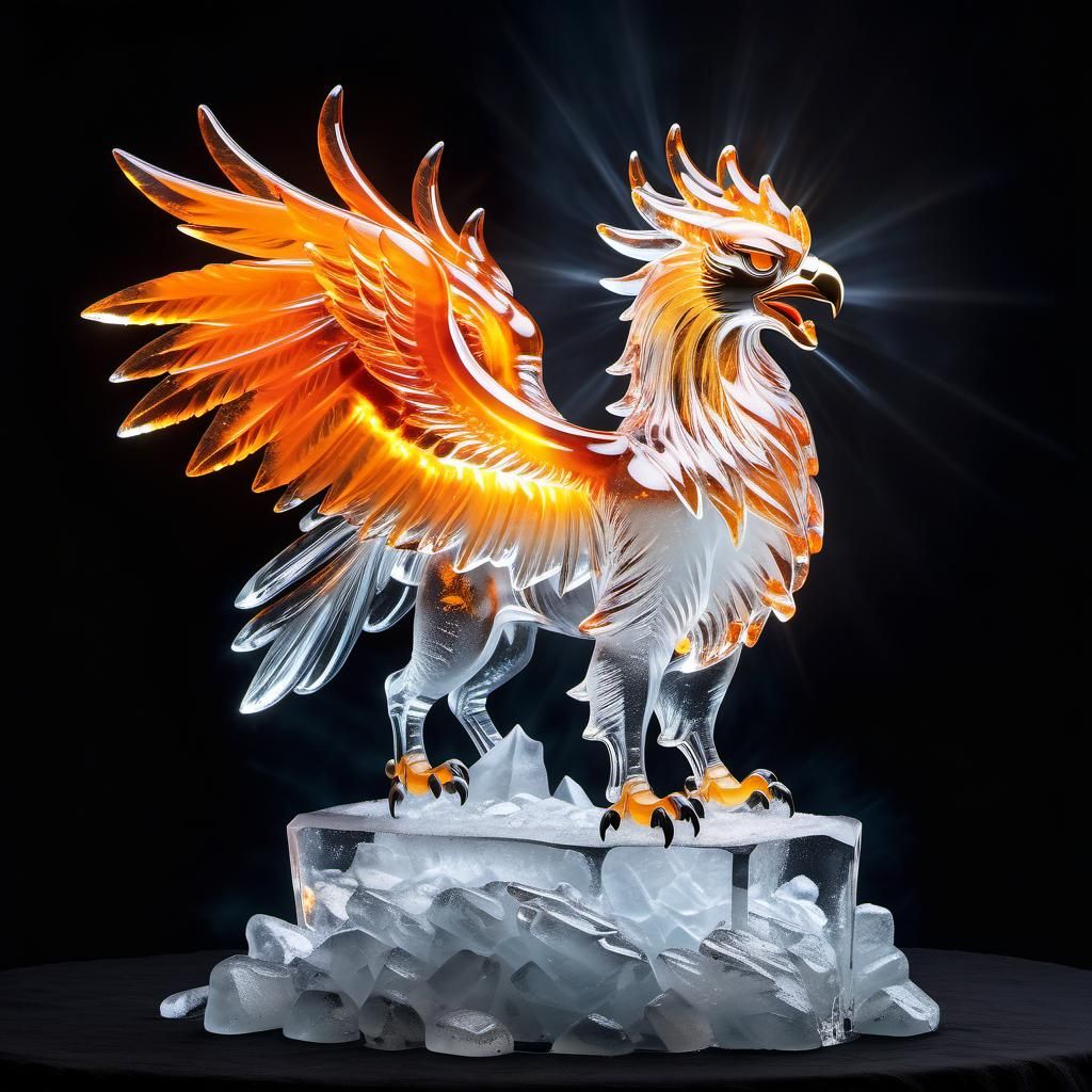 Ice Griffin Sculpture with Molten Metal Sparks