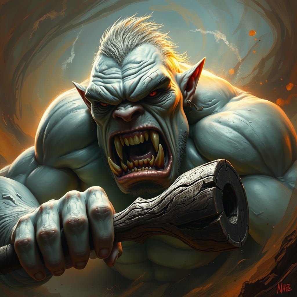 Enraged Albino Ogre in Hyper-Realistic Cyberpunk Style