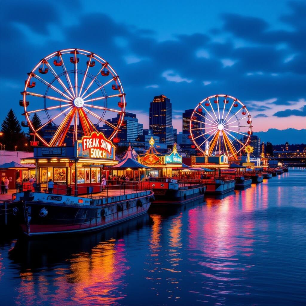 Portland Waterfront Carnival Barges at Dusk