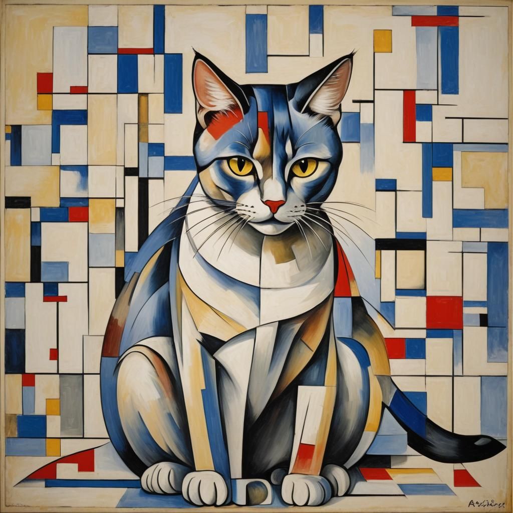 Abstract Cubist Cat in Piet Mondrian Style