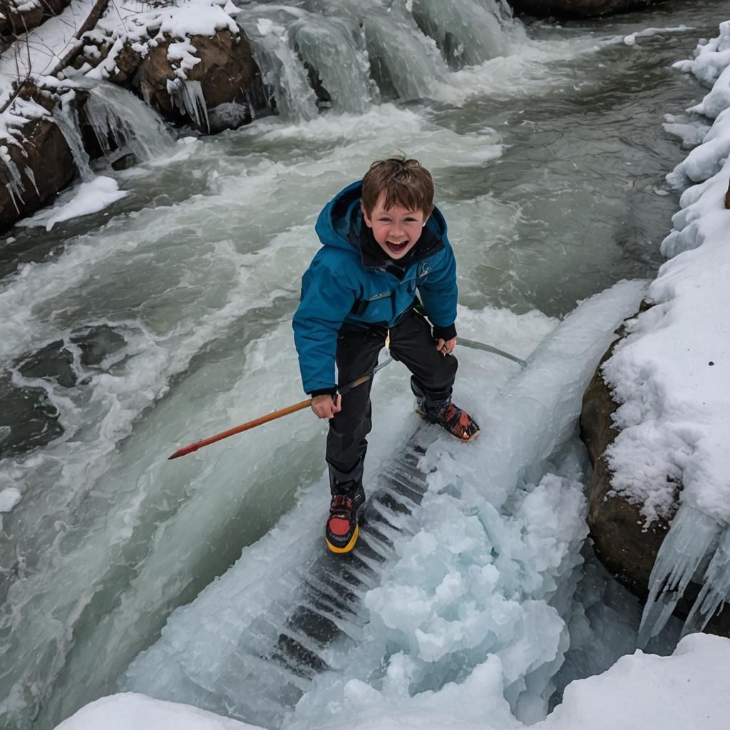 Boy on Boat at Frozen Cliff Waterfalls