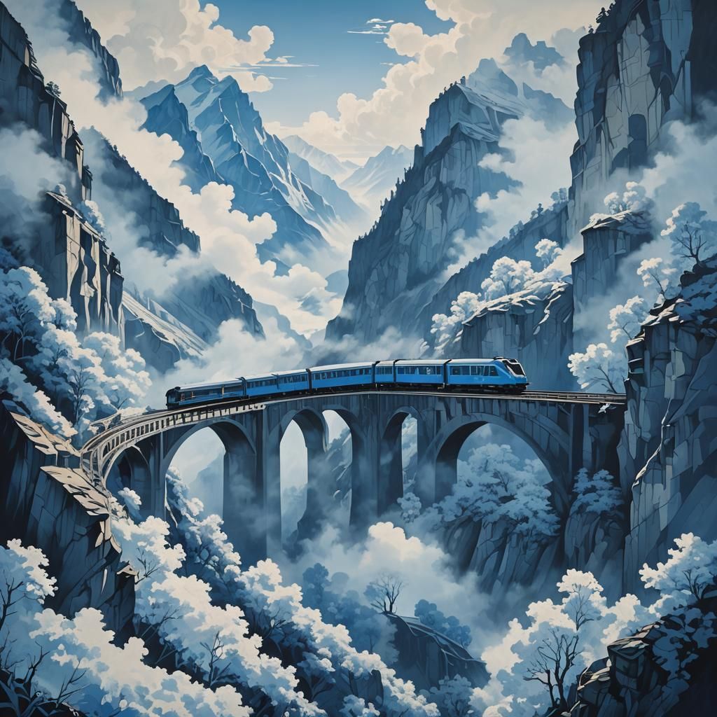 Blue Cyanotype Train in Surrealist Mountain Pass