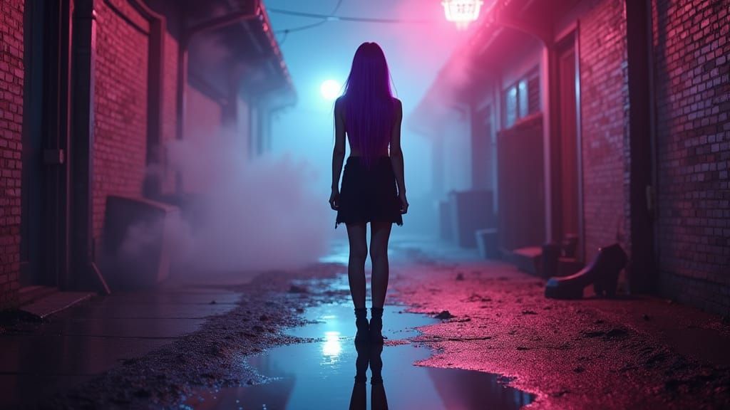 Neon Alleyway Film Still of a Defiant Woman