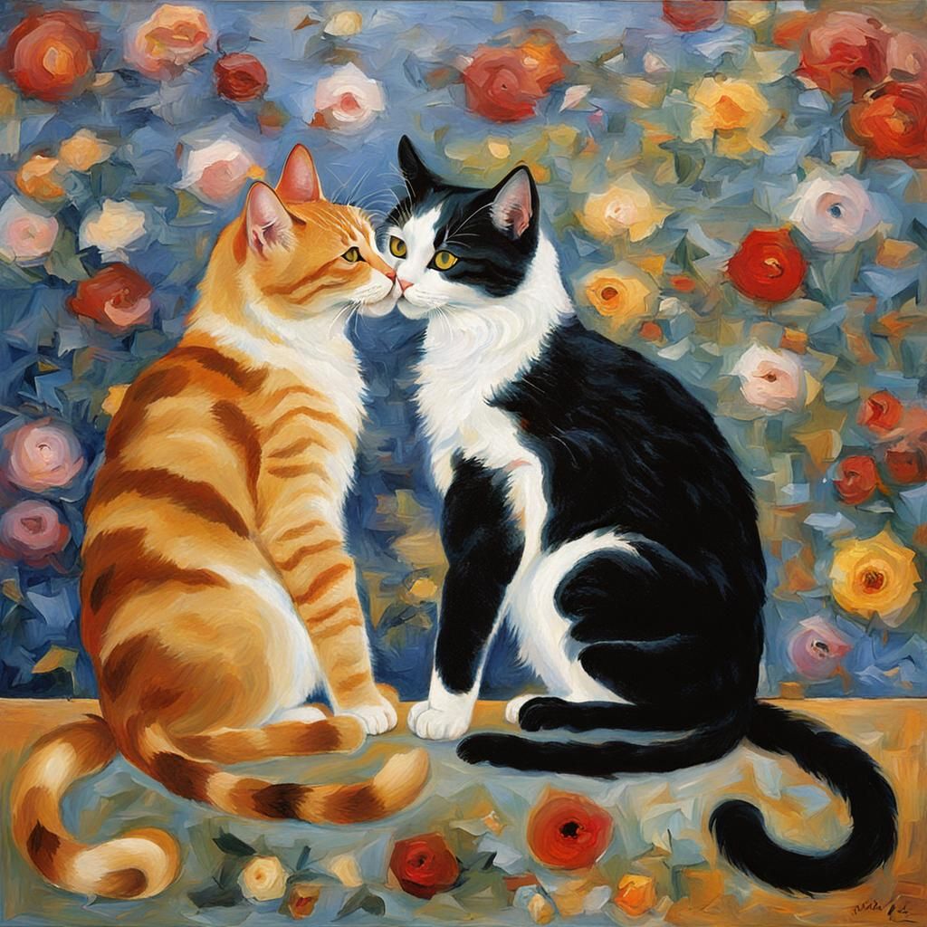 Cats Recreating The Kiss Painting