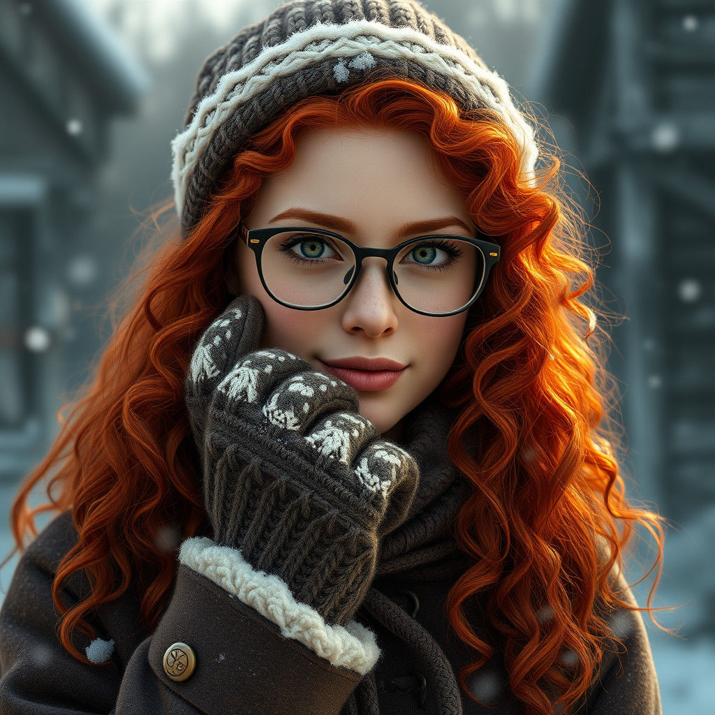 Hyperrealistic Woman with Red Hair in Snowy Appalachia