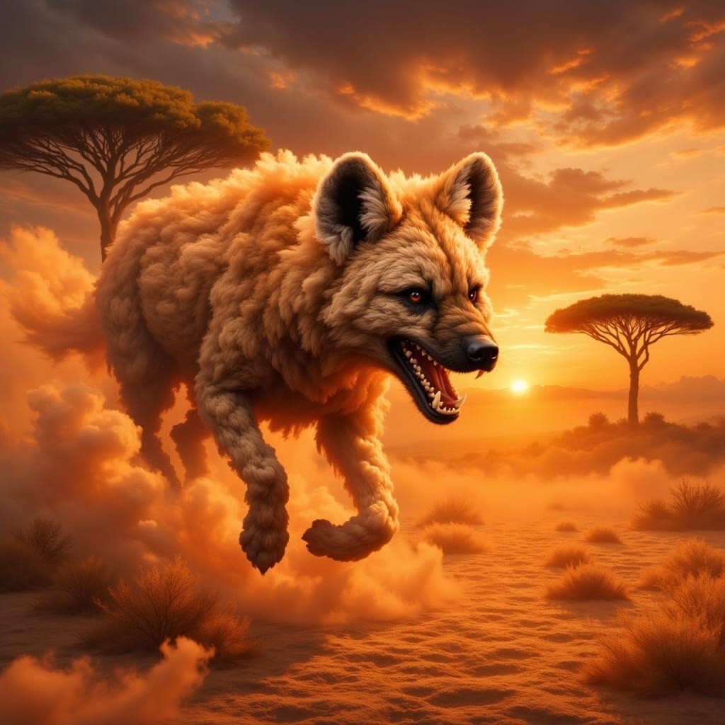 Snarling Hyena on Savanna at Sunset