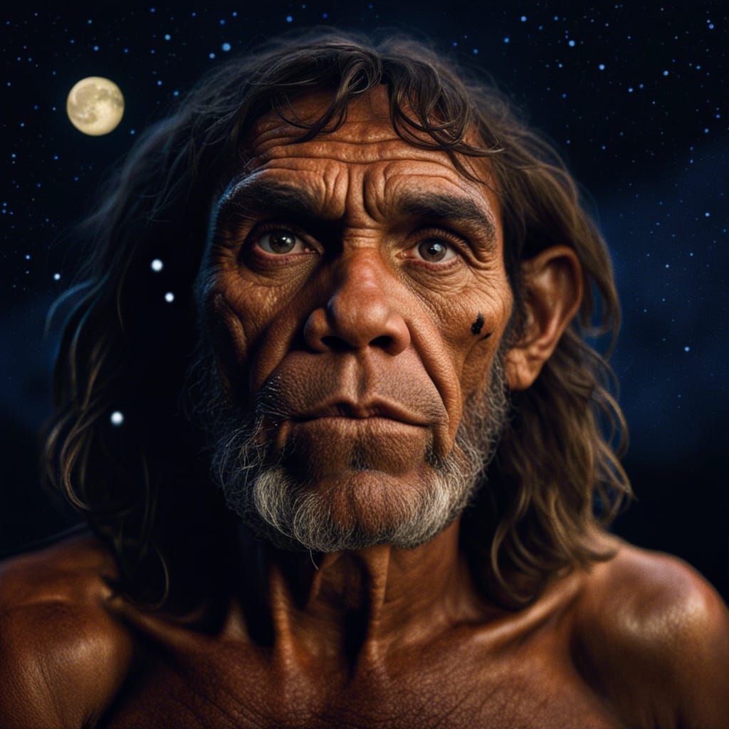 Neanderthal Portrait Under Starry Sky, Photorealistic Digita...