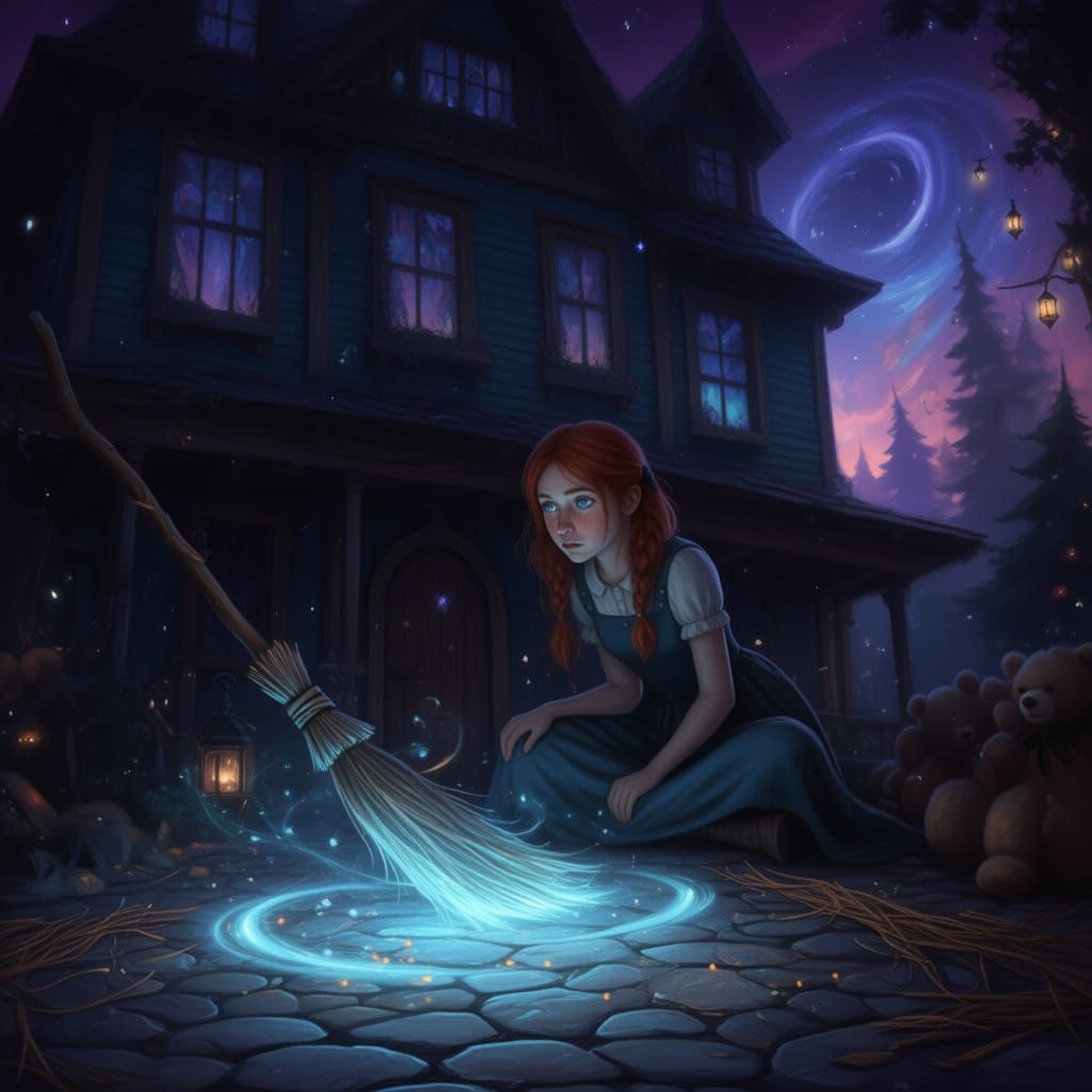 Magical Broom Sweeps Floor Watched by Young Witch