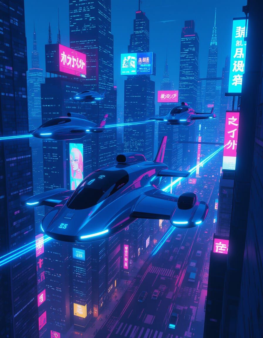 Cyberpunk Air Taxis in Dystopian Cityscape